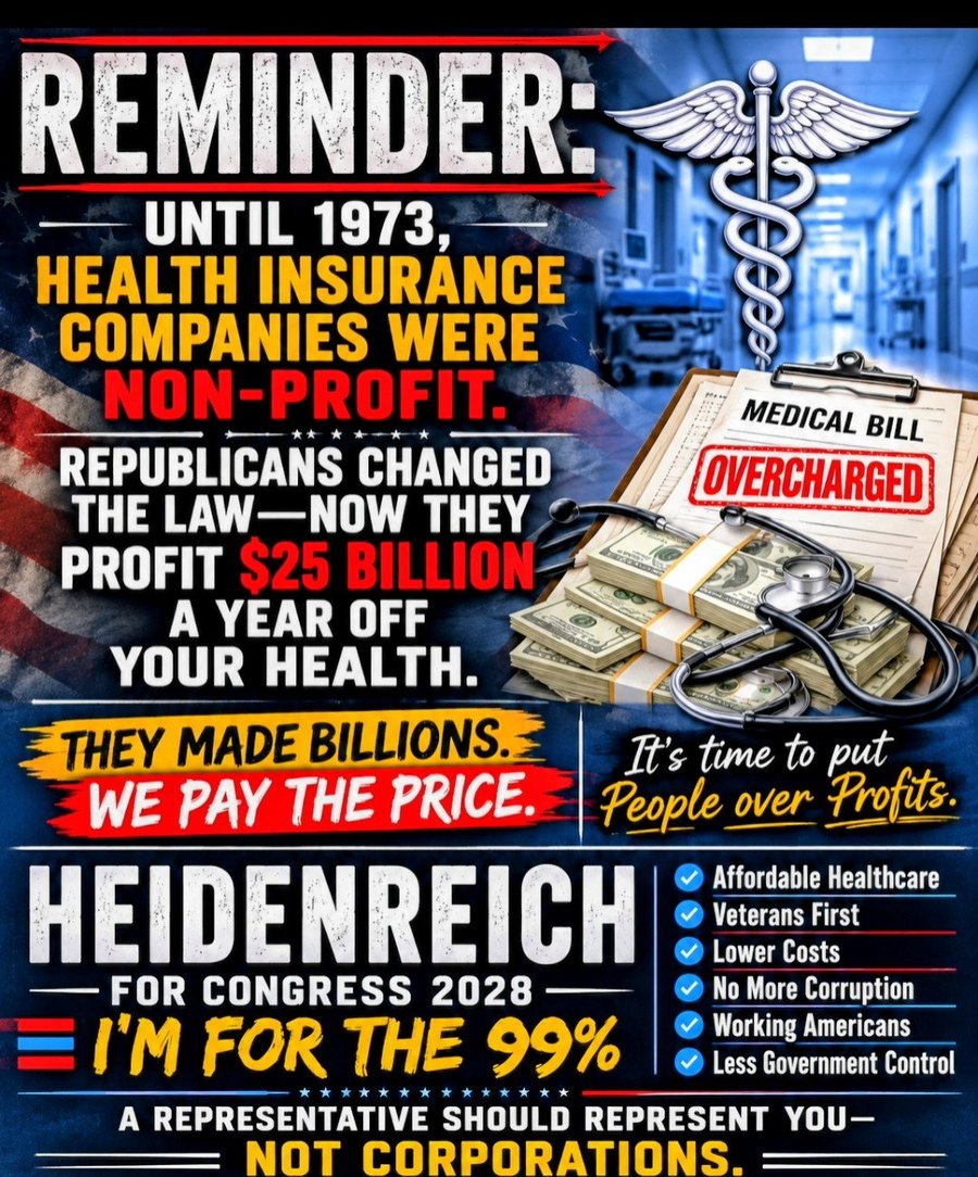 Affordable healthcare — people over profits — Heidenreich for Congress 2028 poster